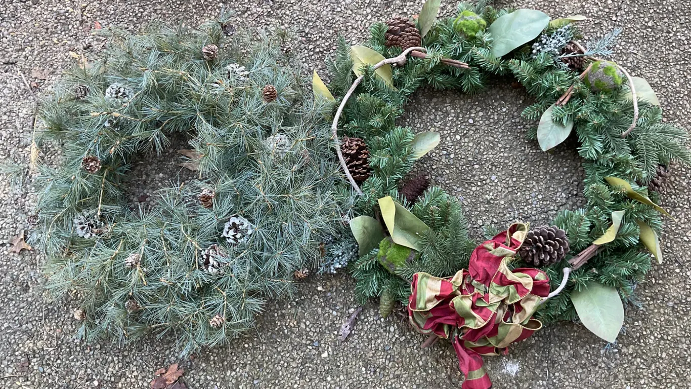 Two Decorative Holiday Wreaths with Pinecones and Ribbon