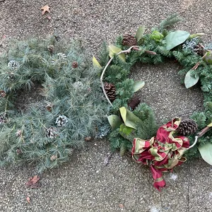 Two Decorative Holiday Wreaths with Pinecones and Ribbon