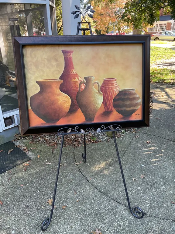 Framed Artwork of Clay Pottery with Metal Easel Stand