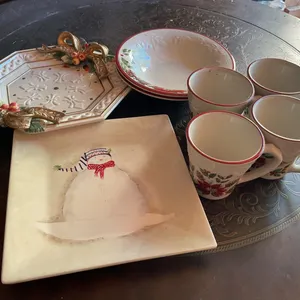 Holiday-Themed Dinnerware Including Plates, Bowls, and Mugs