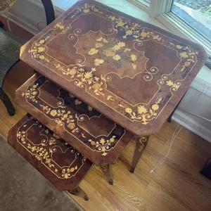 Marquetry nesting tables + wheeled server