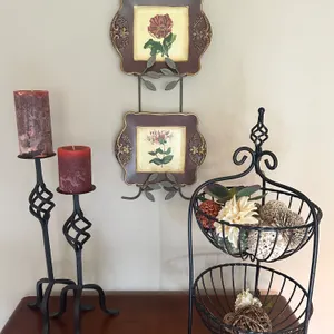 2 Wrought Iron Candlesticks, Plate Holder, and Wrought Iron Basket