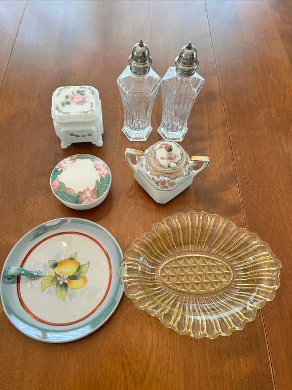 Salt & Pepper Shakers, Sugar Container, Glass Bowl, Dish