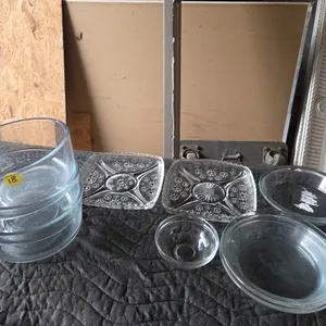 Variety of clear glass, small pie pans and large bowls