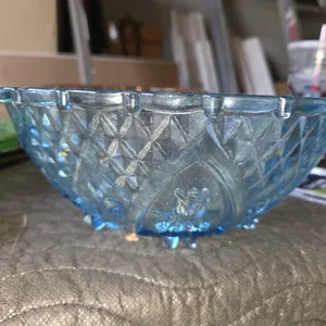 Vintage Hearts Roses Diamonds Fleur De Lis 10" Blue Glass Bowl KIG Indonesia