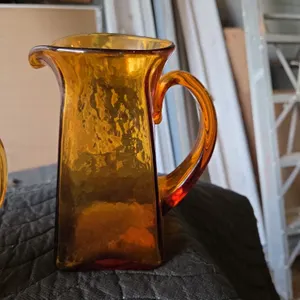 Vintage MCM Art Studio Small Amber Glass Handled Pitcher Jug Vase