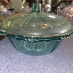 Vintage Teal Green Kig Indonesia Round Pressed Glass Beaded 2-Piece Candy Dish