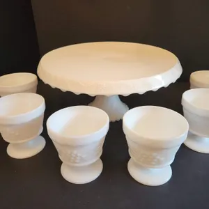 Milk Glass Cake Stand & Footed Sherbet Glasses