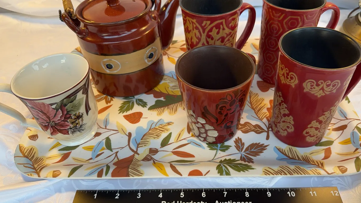 Tea pot with various coffee cups, and tray