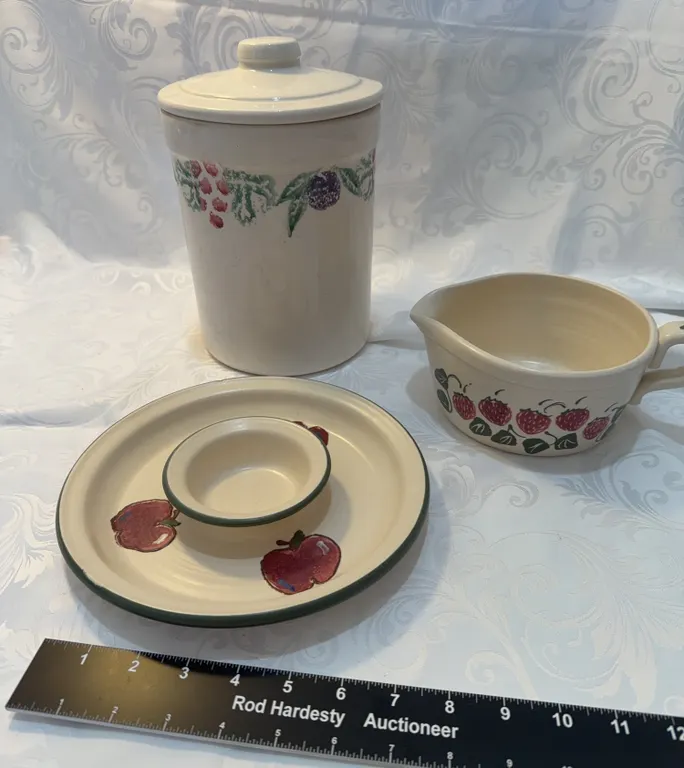 Vintage hand-painted Olde Cape Cod ceramic kitchenware featuring fruit and ivy motifs