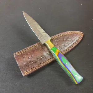 Damascus Steel Knife and Leather Sheath