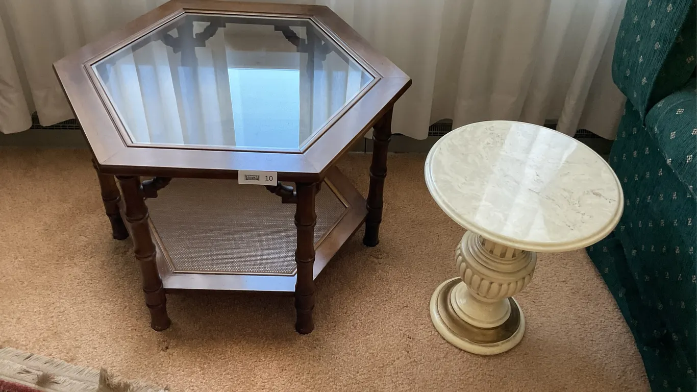 Octagon table, marble top table (damage on base)
