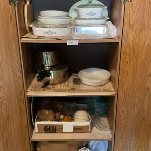 Corningware, pots & pans, cabinet