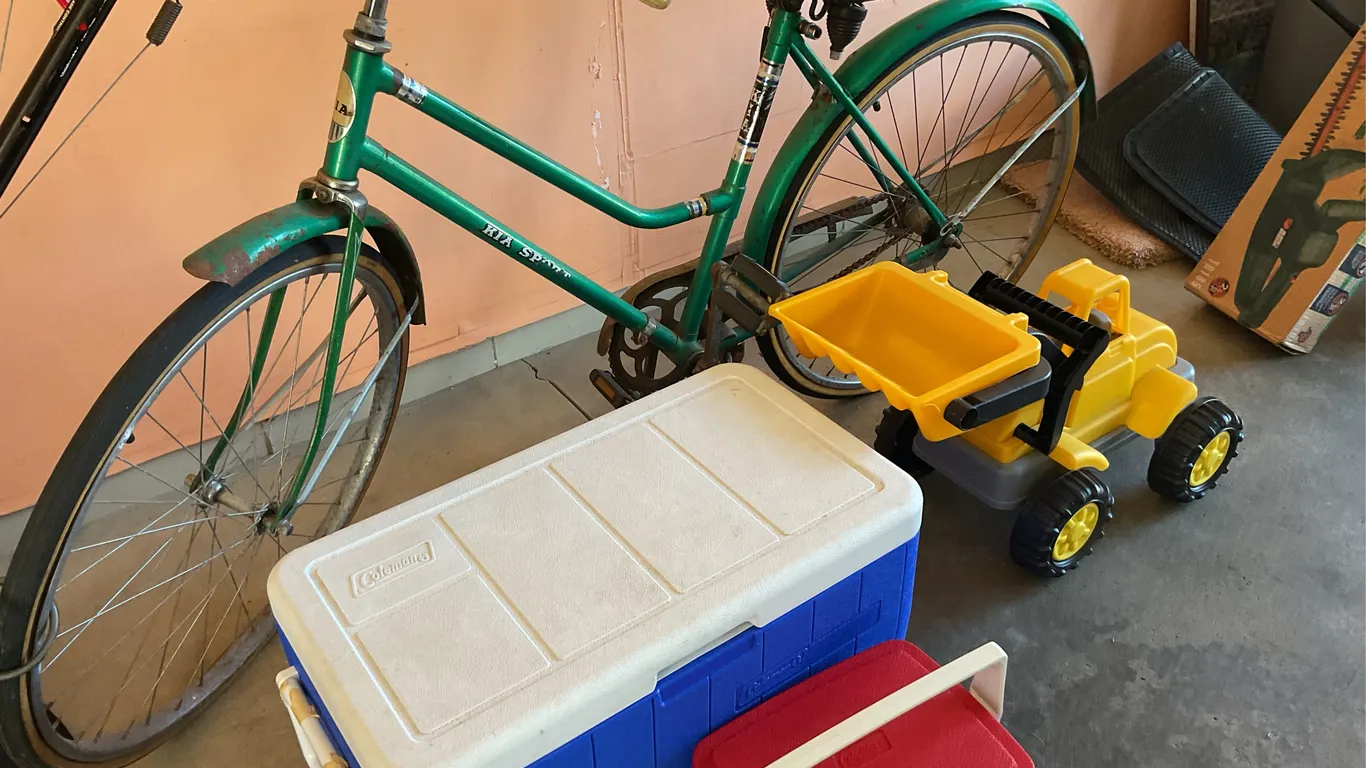 Bike, toy loader, coolers