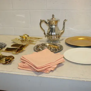 Gold Flatware, Coffee Pot & Linens