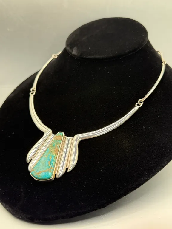 Vintage Modernist Sterling Silver Turquoise Statement Collar Necklace