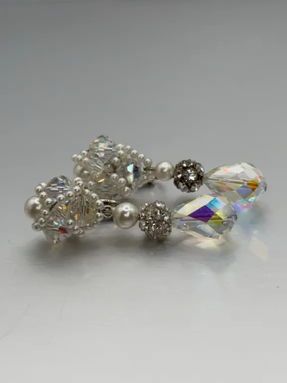 Vintage Vendome Aurora Borealis Crystal & Faux Pearl Dangle Clip-On Earrings