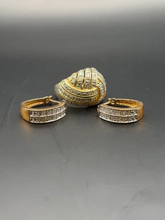 Sterling Silver Gold Vermeil Pavé Crystal Domed Cocktail Ring & Matching Hoop Earrings Jewelry Set
