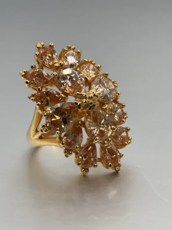 Sterling Silver Gold Vermeil Champagne Crystal Floral Cluster Cocktail Statement Ring
