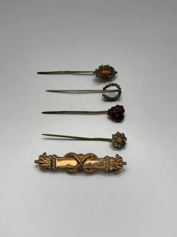Antique Victorian & Vintage Rhinestone Stick Pins and Ornate Gold-Tone Bar Brooch