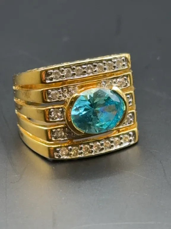 Sterling Silver Gold Vermeil Oval Blue Gemstone & Pavé CZ Multi-Row Statement Ring