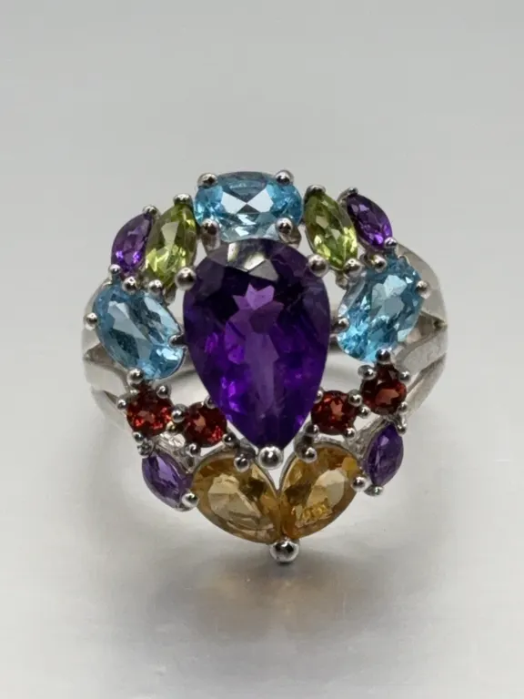 Sterling Silver Multi-Color Gemstone Pear-Cut Amethyst Cluster Cocktail Statement Ring