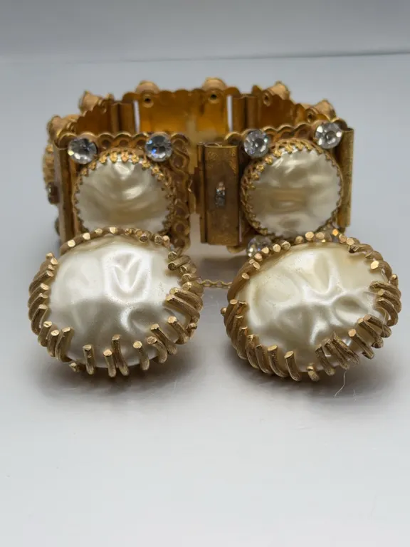 Vintage MCM Vargas Gold-Tone Faux Pearl Bracelet & Sarah Coventry Pearl Clip-On Earrings