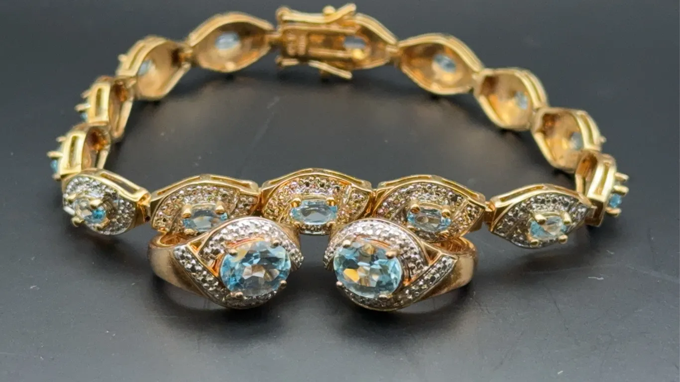 Sterling Silver Gold Vermeil Light Blue Gemstone Halo Tennis Bracelet & Matching Earrings Set