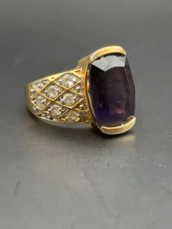Sterling Silver Gold Vermeil Cushion-Cut Purple Gemstone Latticework Cocktail Ring