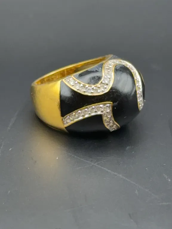 Sterling Silver Gold Vermeil Black Enamel & Pavé CZ Wide Dome Cocktail Ring