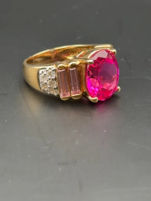 Sterling Silver Gold Vermeil Oval Pink-Red Gemstone & Baguette CZ Cocktail Ring