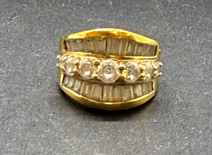 Sterling Silver Gold Vermeil Multi-Row Baguette & Round Cut Cubic Zirconia Statement Ring