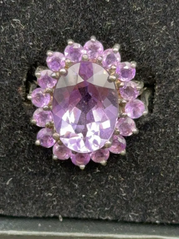 Sterling Silver Oval Amethyst Halo Cluster Cocktail Ring