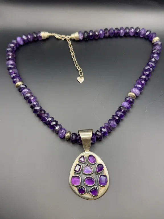 Vintage Jay King Desert Rose Trading DTR Sterling Silver Multi-Stone Amethyst Pendant Beaded Necklac
