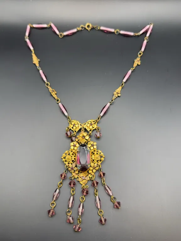 Antique Art Deco Czech Purple Glass & Brass Filigree Festoon Fringe Necklace