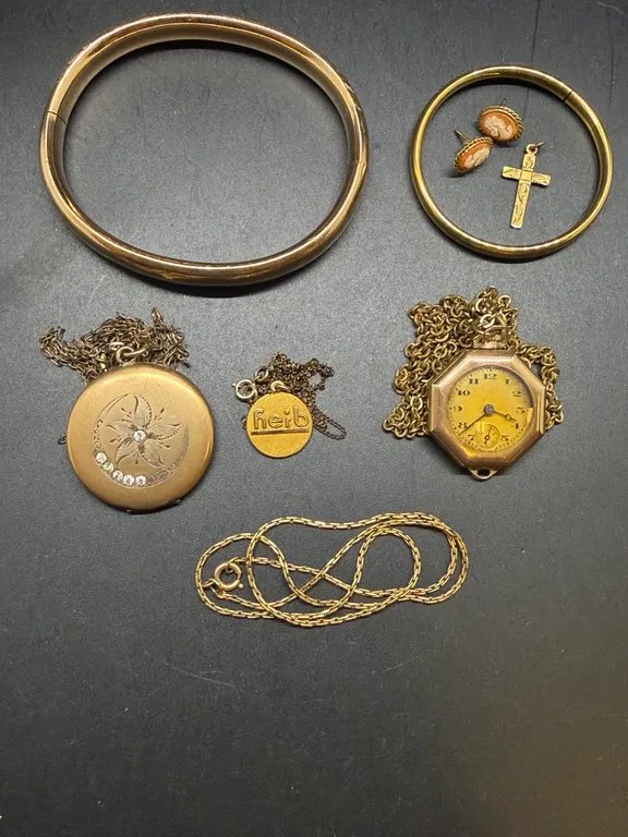 Vintage Gold Filled Jewelry Lot – Hinged Bangles, Cameo Earrings, Locket, Pocket Watch, Cross & Neck