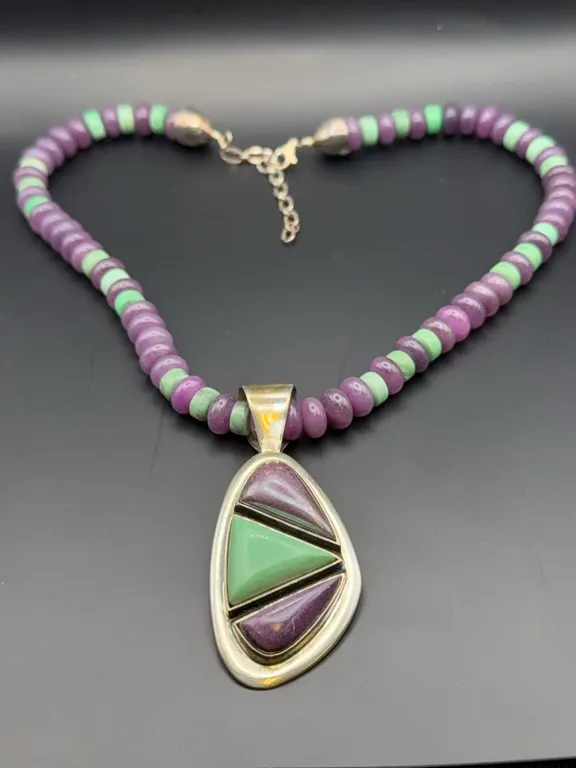 Vintage Jay King Desert Rose Trading Sterling Silver Turquoise & Purple Sugilite Inlay Pendant Beade