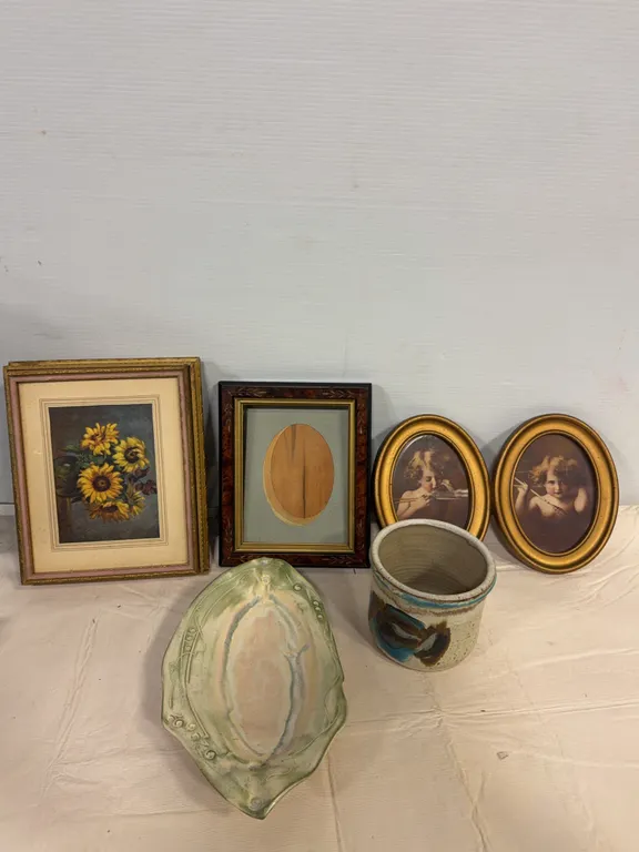 Vintage Framed Artwork, Cherub Prints & Studio Pottery