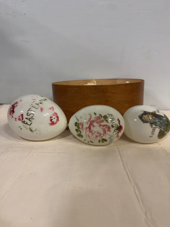 Vintage Milk Glass Easter Eggs with Wooden Oval Box