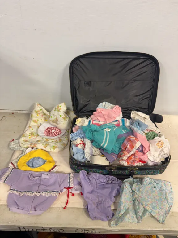 Vintage Suitcase Filled with Doll Clothing & Accessories