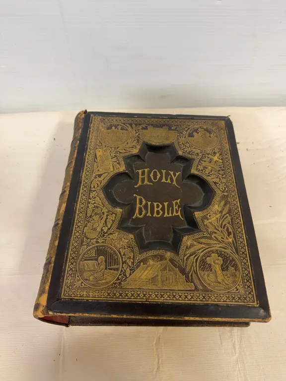 Antique Illustrated Holy Bible with Ornate Gilt Cover