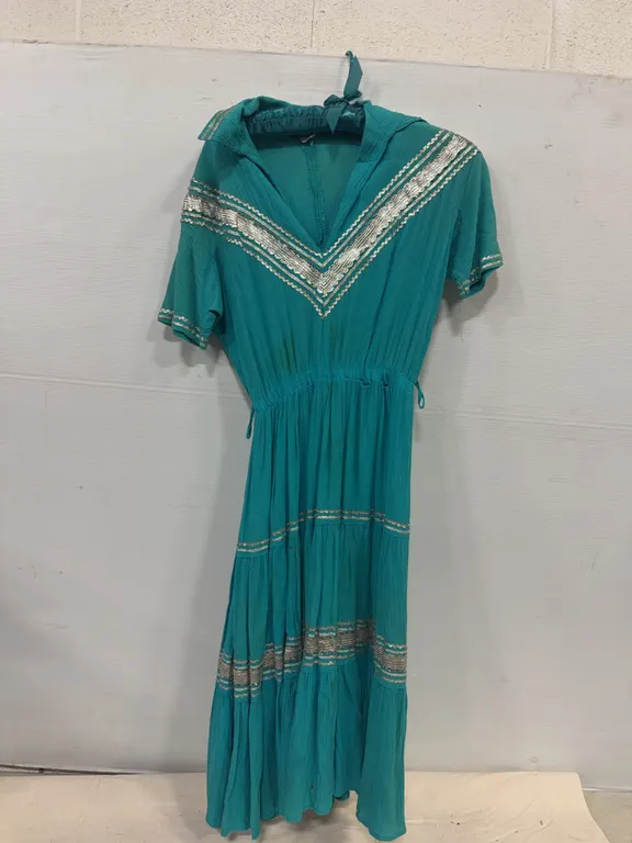Vintage 1950s Teal Green Squaw Dress with Silver Metallic Trim