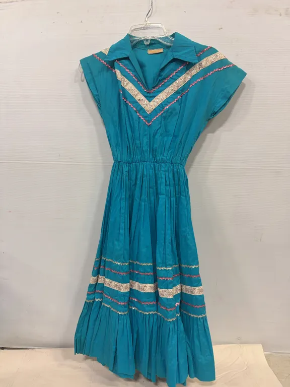 Vintage 1950s Turquoise Blue Squaw Dress with Pink & Silver Trim – Size Small