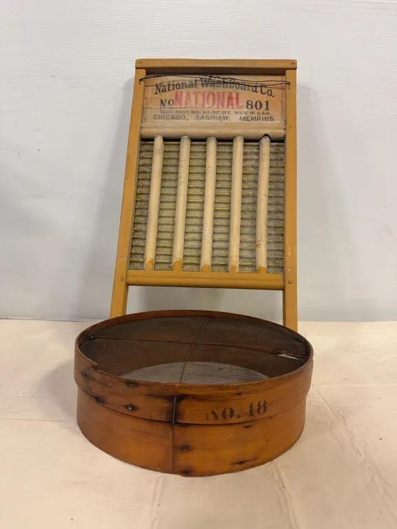 Antique National Washboard No. 801 & Wooden Flour Sifter
