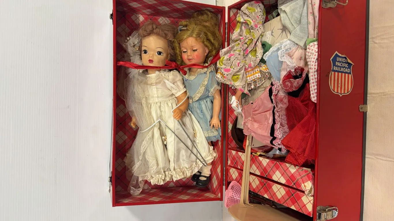 Vintage Dolls with Union Pacific Railroad Wardrobe Trunk