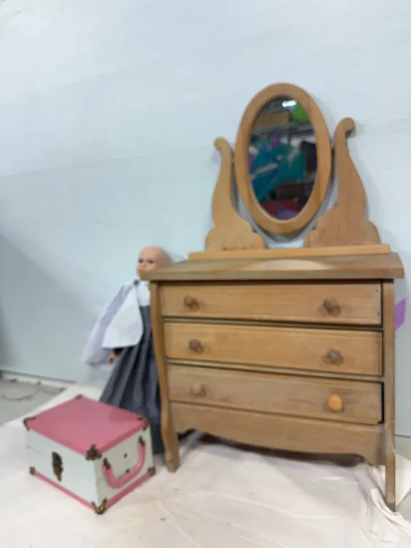 Vintage Wooden Doll Dresser with Mirror, Doll & Trunk