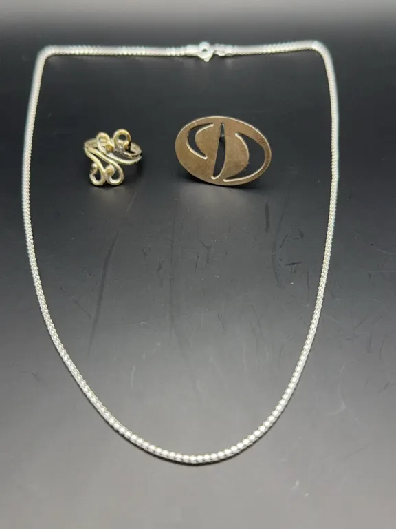 Vintage Paula Dawkins Modernist Sterling Silver Pendant Necklace & Scroll Ring Jewelry Set
