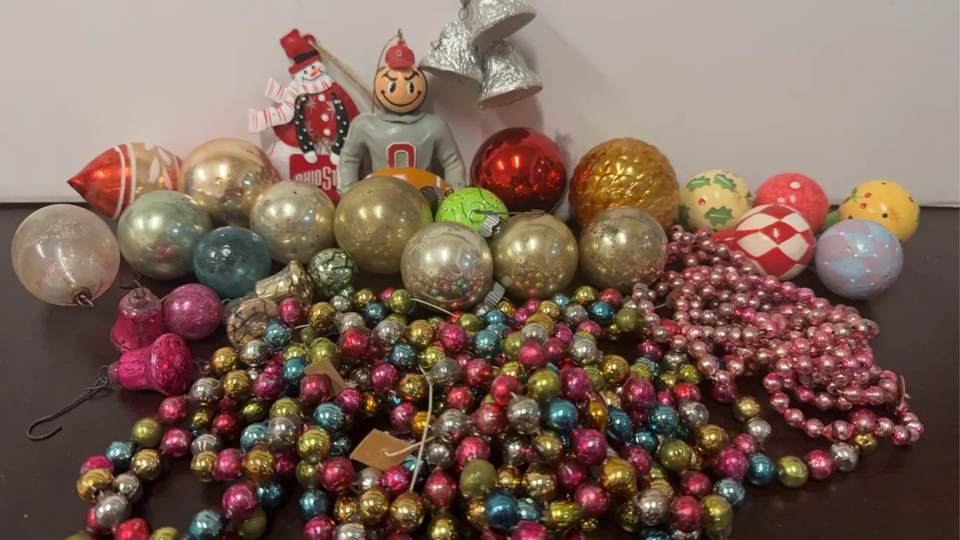 Vintage ornaments and garland