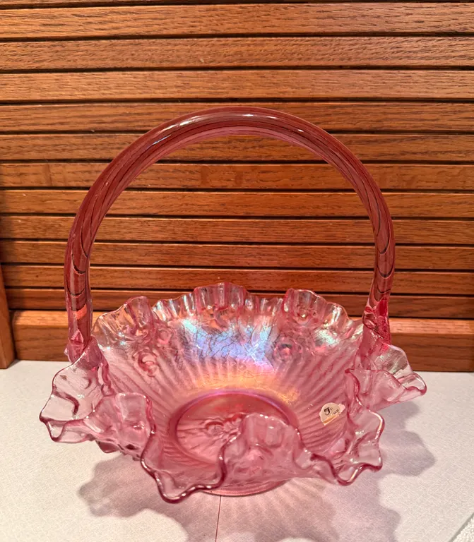 FENTON DUSTY ROSE "CABBAGE ROSE" ART GLASS BASKET