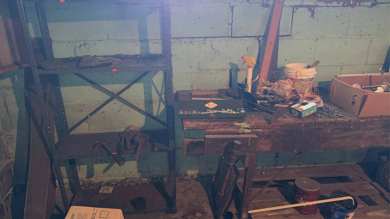 Metal Shelf wood Work Bench and Contents Sockets tools
